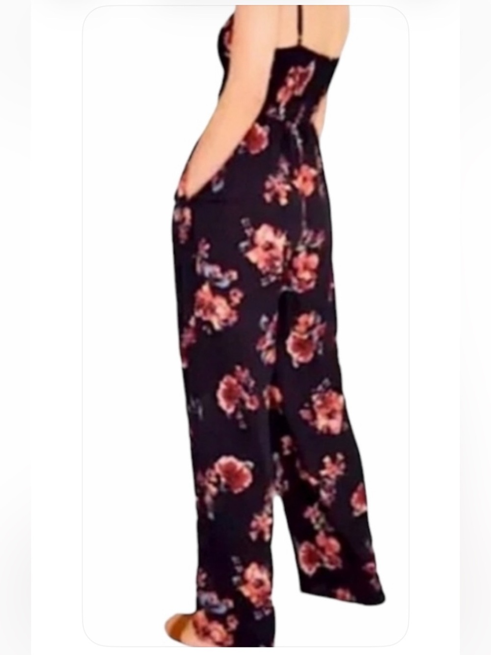 Cupshe NWT L black pink yellow tiny Floral Wide-Leg adj straps pockets Jumpsuit